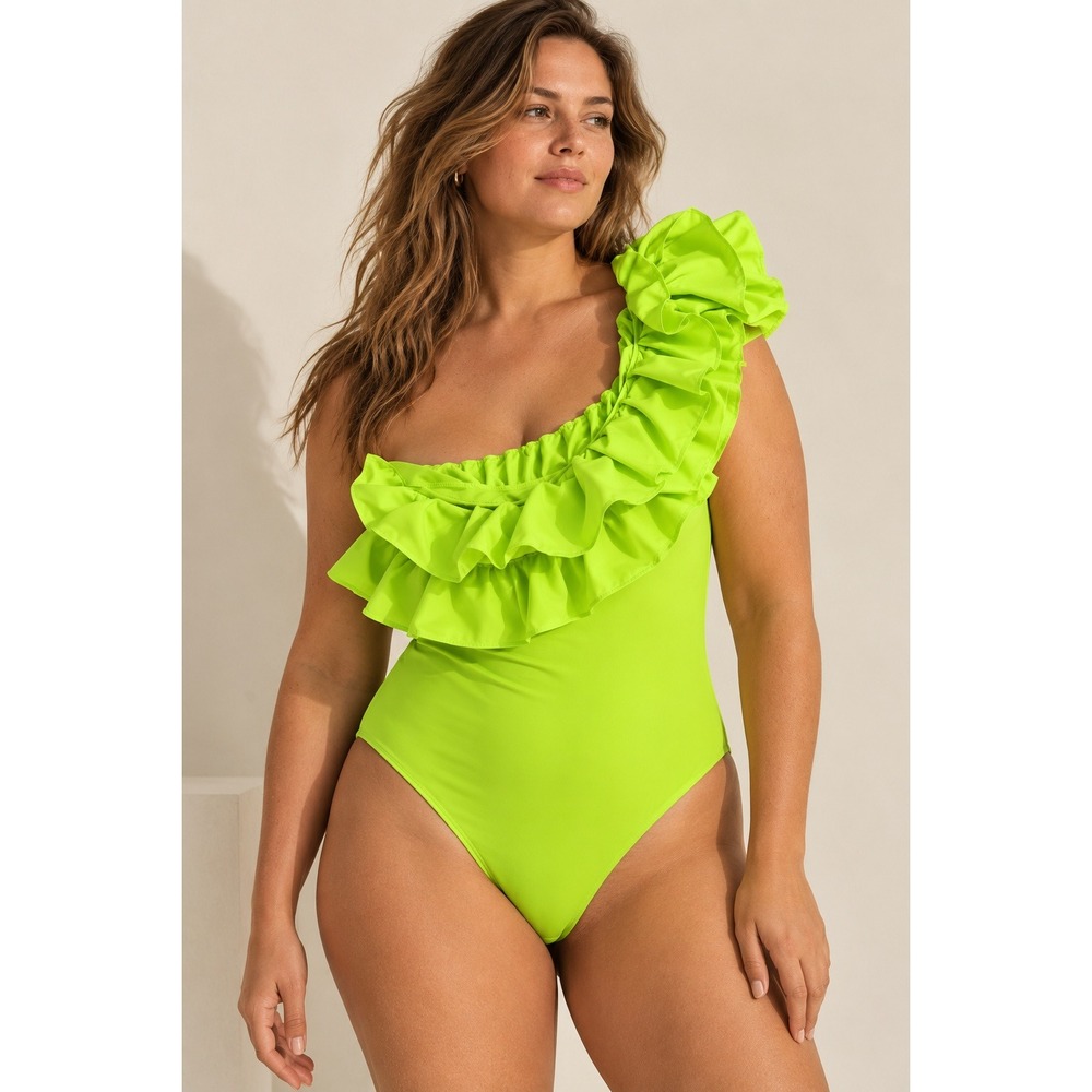 Zara Women Neon Lime Green One Shoulder Ruffle Swimsuit Large